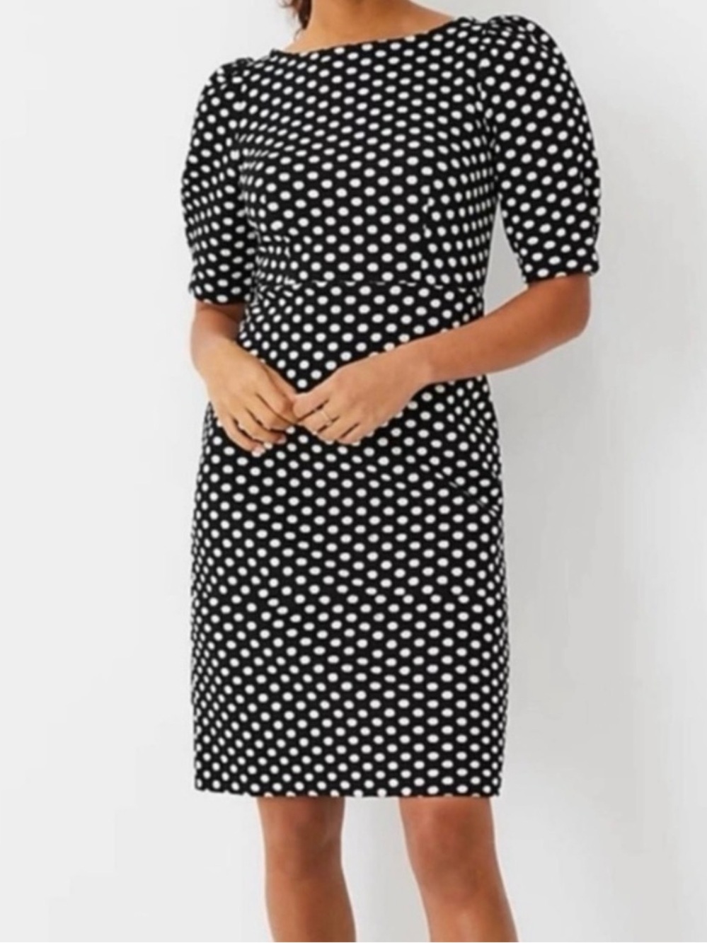 Ann Taylor Polka Dot Pleated Puff Sleeve Sheath Dress Size 10P Black White - Picture 2 of 10